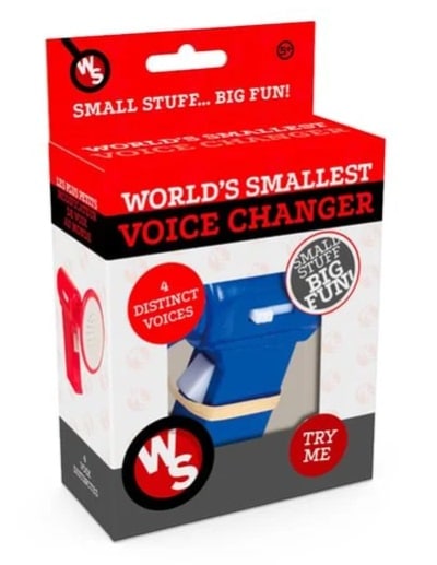 Box packaging for "World's Smallest Voice Changer," featuring a small blue toy voice changer. The red, white, and black box highlights four fun voices and the phrase "Small Stuff... Big Fun!"—a perfect stocking filler for any occasion.