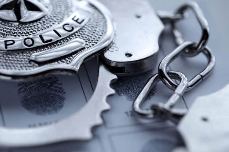A close-up of a police badge and metal handcuffs lying on a fingerprint card, suggesting police work and criminal investigation themes.