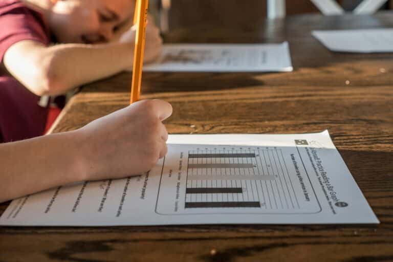 A close-up of a child’s hand holding a pencil and revising answers on a worksheet with a bar chart, on a wooden table. Another child is blurred in the background, also working on a similar worksheet.