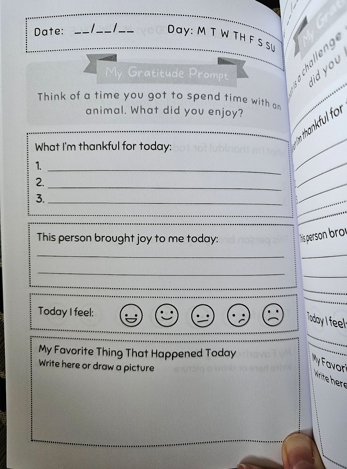 A gratitude journal page with thoughtful prompts asking what you’re thankful for today, who brought you joy, how you feel (with face icons), and your favourite thing that happened, with space to write or draw.