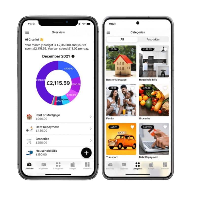 Two smartphones display the Koody budgeting app. The left screen shows a circular chart of December 2021 expenses by category; the right screen lists expense categories with images, such as rent, groceries, and transport.