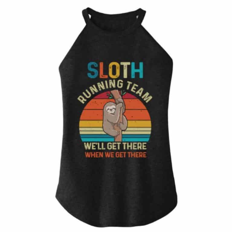 Sleeveless black vest top with a graphic of a sloth hanging from a branch, perfect for gym fashion. Text reads: "Sloth Running Team. We'll get there when we get there." Background features retro-coloured stripes.