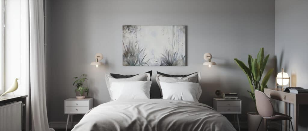 A modern, cosy bedroom with a neatly made bed, two pillows, bedside tables with plants and lamps, striking wall art above the bed, a desk with a chair, and a tall plant in the corner. Natural light shines in.