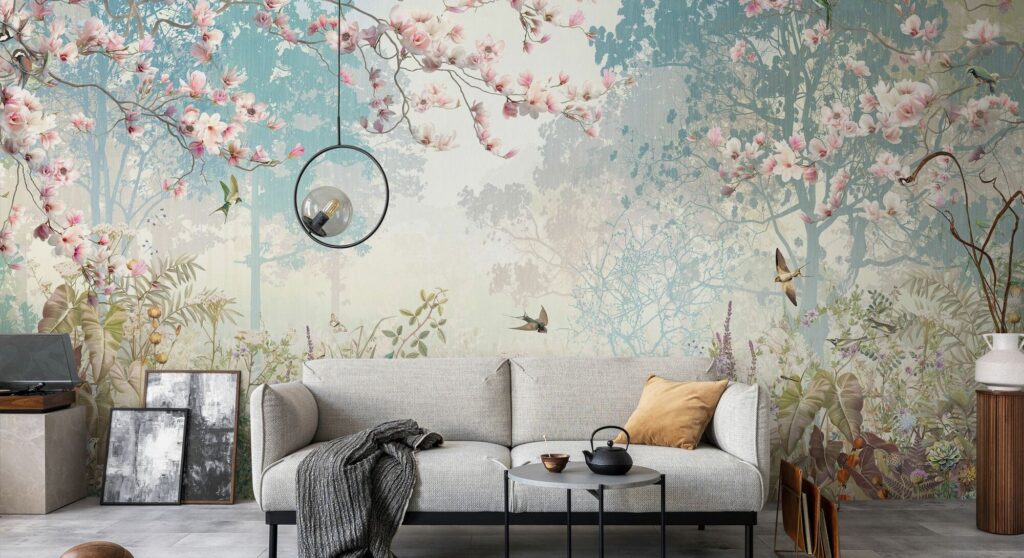 A modern living room with a light grey sofa, round coffee table, and elegant wall art, featuring a large mural of blossoming branches, birds, and a dreamy forest scene in soft pastel colours.