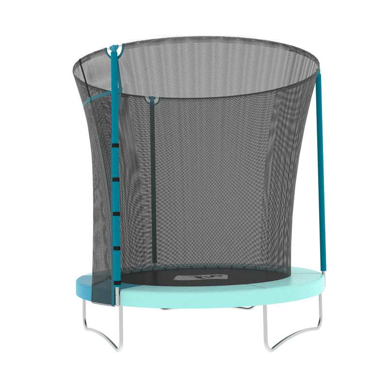A round outdoor trampoline with a light blue frame, safety net enclosure, and metal legs. Perfect for active games, it features a black jumping surface, an entry with two blue vertical poles, and a small ladder.
