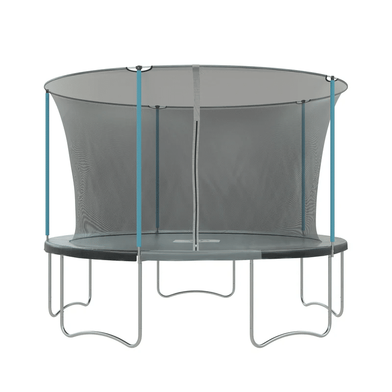 A round outdoor trampoline with safety net enclosure, blue padding, and metal frame, viewed from the front with the entrance to the netting visible—perfect for active games and safe garden fun.