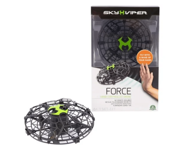 A Sky Viper Force drone and its packaging. The round drone features a black cage-like frame with green accents, whilst the box showcases the Sky Viper Force drone and a hand, highlighting gesture-based flight control.