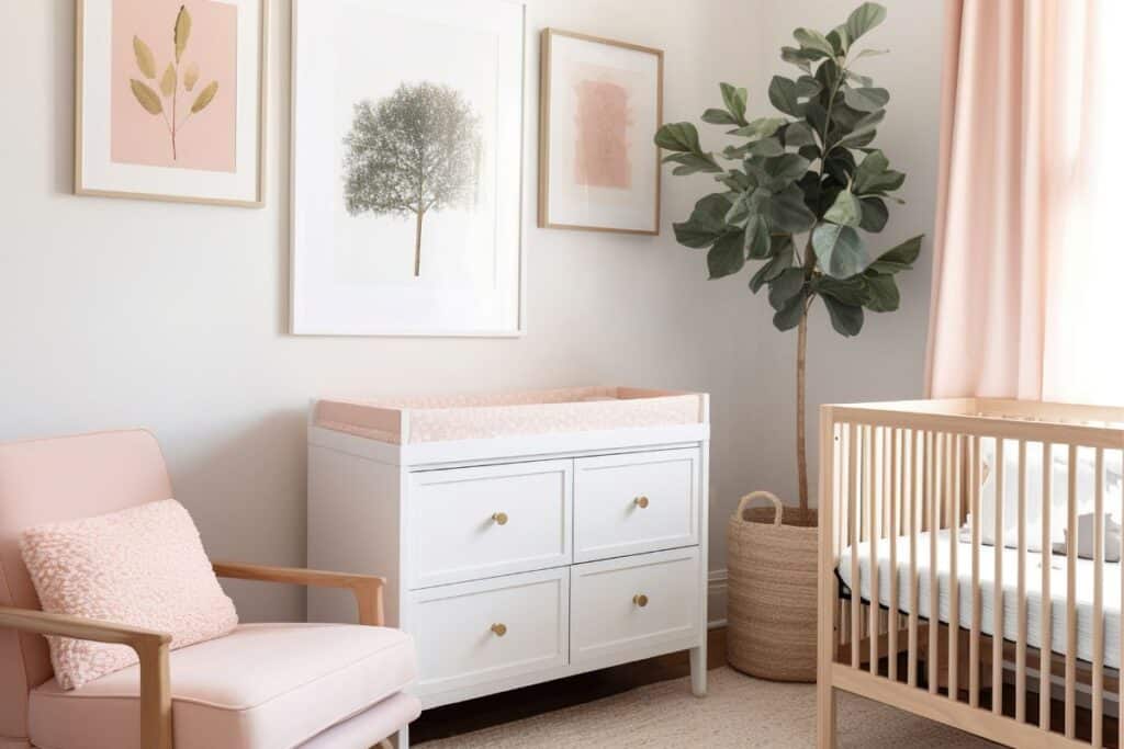 A bright, modern nursery with a white cot, chest of drawers with changing mat, blush pink armchair, potted plant, light pink curtains, and framed botanical art on the walls. The decor features soft, neutral, and pastel tones.