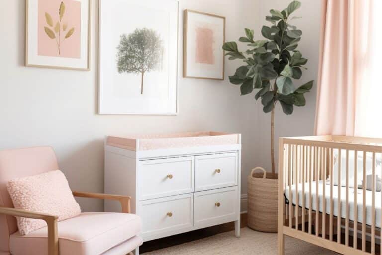 A bright, modern nursery with a white cot, chest of drawers with changing mat, blush pink armchair, potted plant, light pink curtains, and framed botanical art on the walls. The decor features soft, neutral, and pastel tones.
