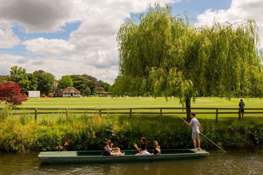 Four people are punting on a narrow river near a grassy field, gliding beneath a weeping willow tree. In the background, a cricket match unfolds under sunny skies with scattered clouds.