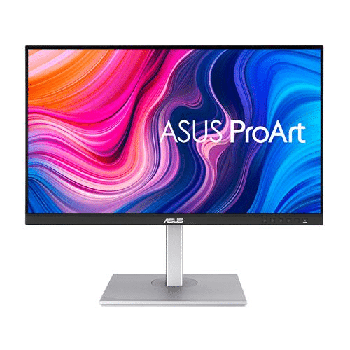 A computer monitor with a colourful abstract design on the screen and "ASUS ProArt" displayed in white text, mounted on a sleek silver stand—perfect for creative work or immersive gaming experiences.