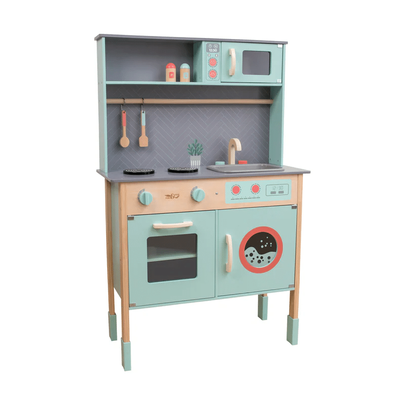A colourful wooden toy kitchen set with a hob, oven, microwave, sink, shelves, hanging utensils, and toy food items—perfect for imaginative play. This delightful toys set features pastel blue, grey, and natural wood tones.