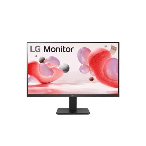 Front view of an LG gaming monitor displaying a colourful abstract background with red and pink shapes, on a black rectangular stand. The screen shows the text "LG Monitor" in the top left corner.