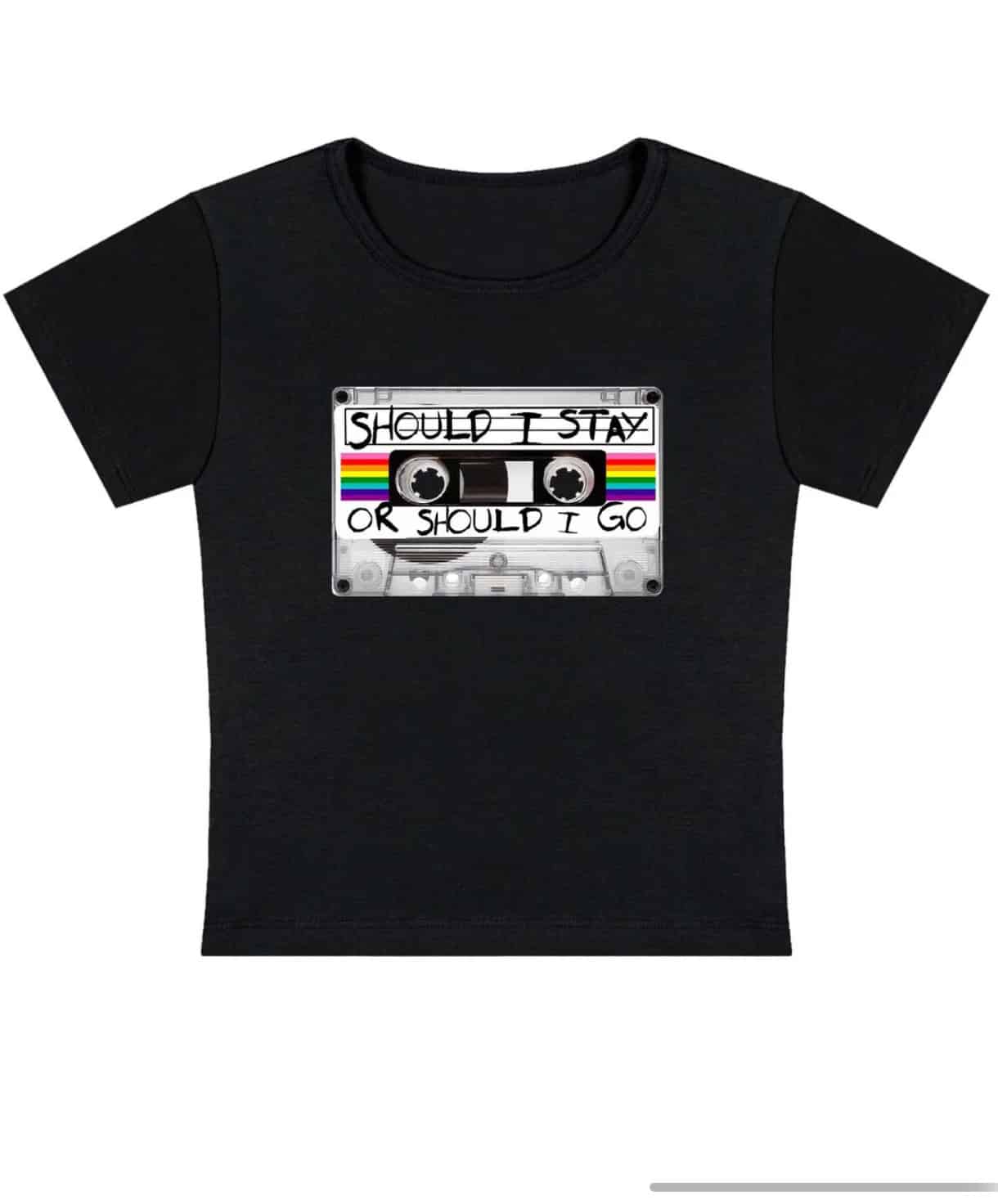 A black fashion t-shirt featuring a graphic of a cassette tape with colourful stripes and the words "Should I Stay Or Should I Go" written on the tape label.
