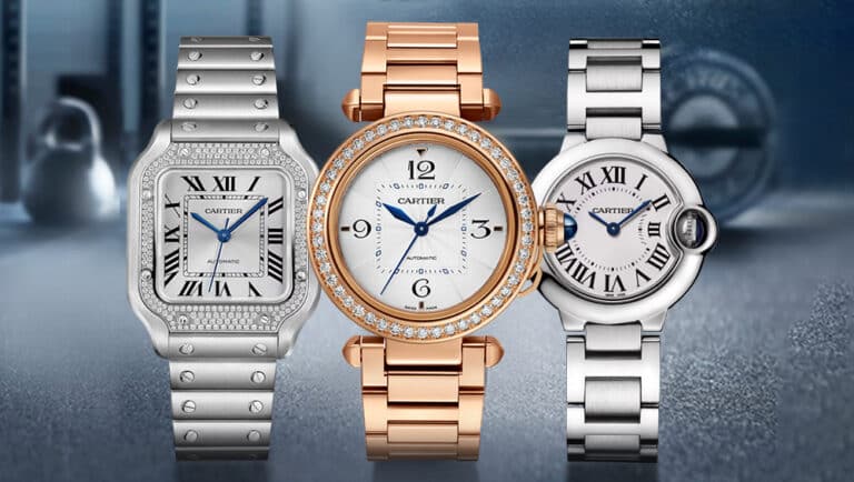 Three luxury Cartier Ladies' Watches side by side: a silver rectangular watch with diamonds, a round rose gold watch with diamonds, and a round silver watch, all featuring elegant Roman numeral dials.