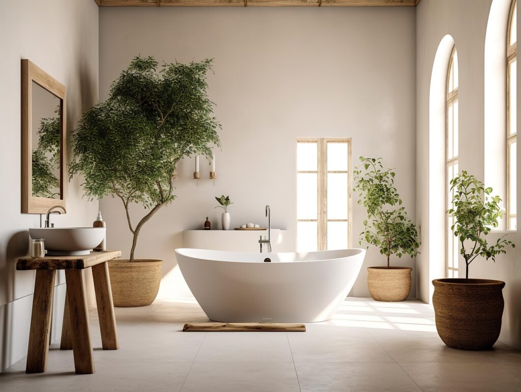 A modern bathroom featuring a large white freestanding bath, potted green plants, a wooden sink vanity unit, wall mirror, and arched windows that fill the space with natural light. The earthy-toned décor creates a serene bathroom retreat.