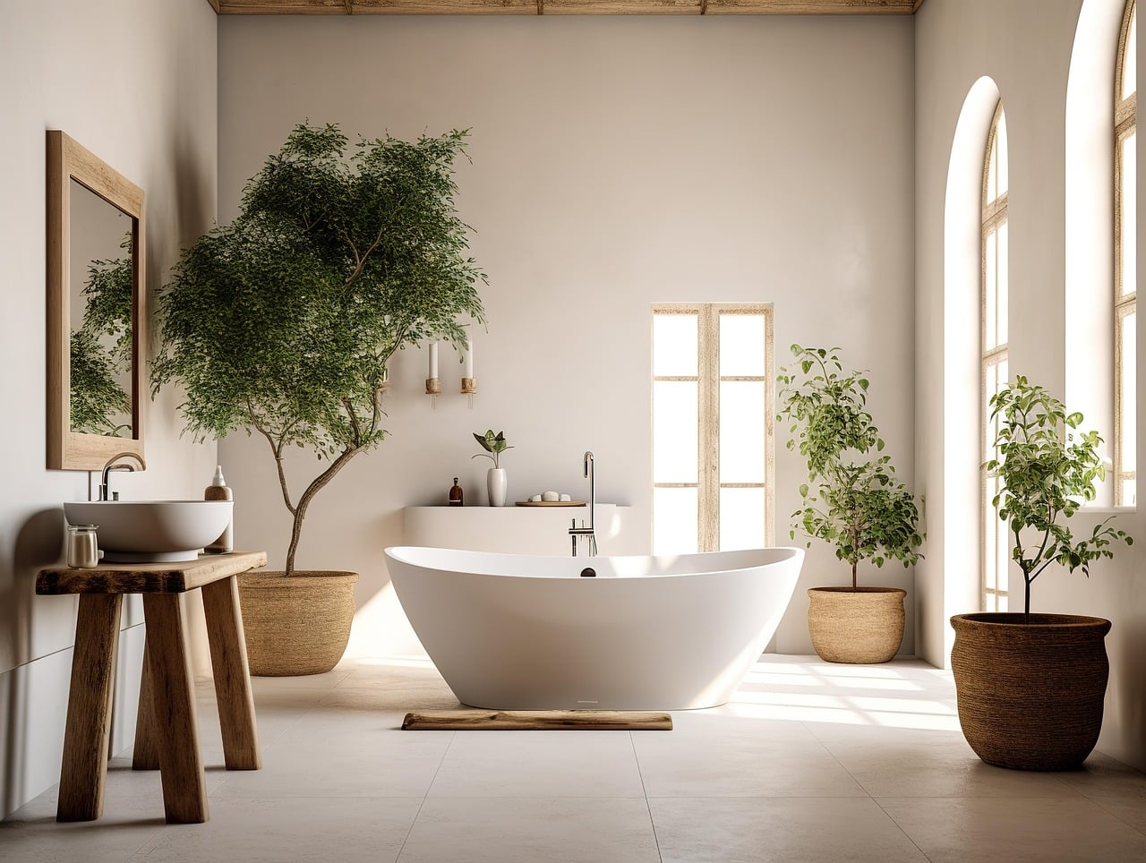 A modern bathroom featuring a large white freestanding bath, potted green plants, a wooden sink vanity unit, wall mirror, and arched windows that fill the space with natural light. The earthy-toned décor creates a serene bathroom retreat.