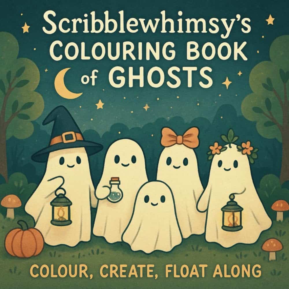 Five cute cartoon ghosts, some holding lanterns, stand in a night-time forest with trees, stars, a pumpkin, and a crescent moon. The cover reads, "Scribblewhimsy's Colouring Book of Ghosts. Colour, Create, Float Along." Perfect for colouring fun!.