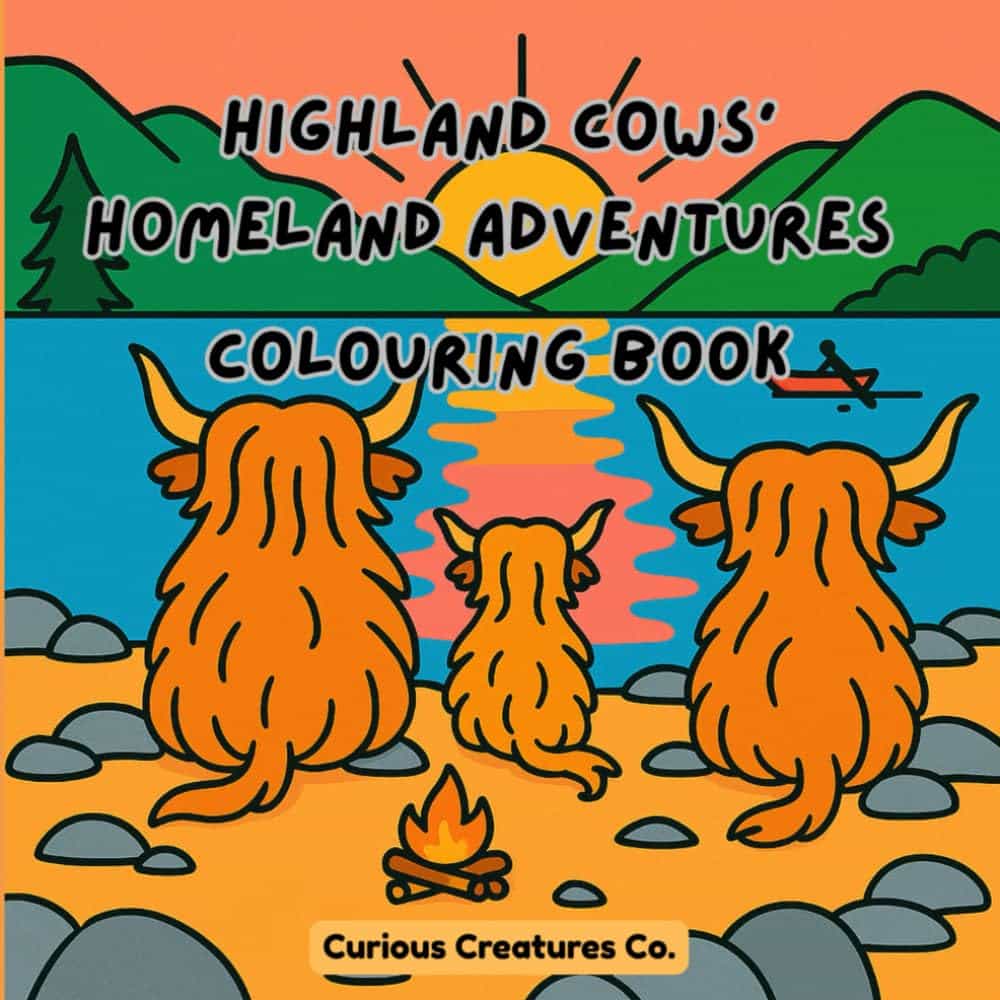 Illustrated cover featuring three Highland cows watching a sunset over a lake, with rocks, a campfire, and distant mountains. Text reads: "Highland Cows' Homeland Adventures Colouring Book"—perfect for colouring enthusiasts.