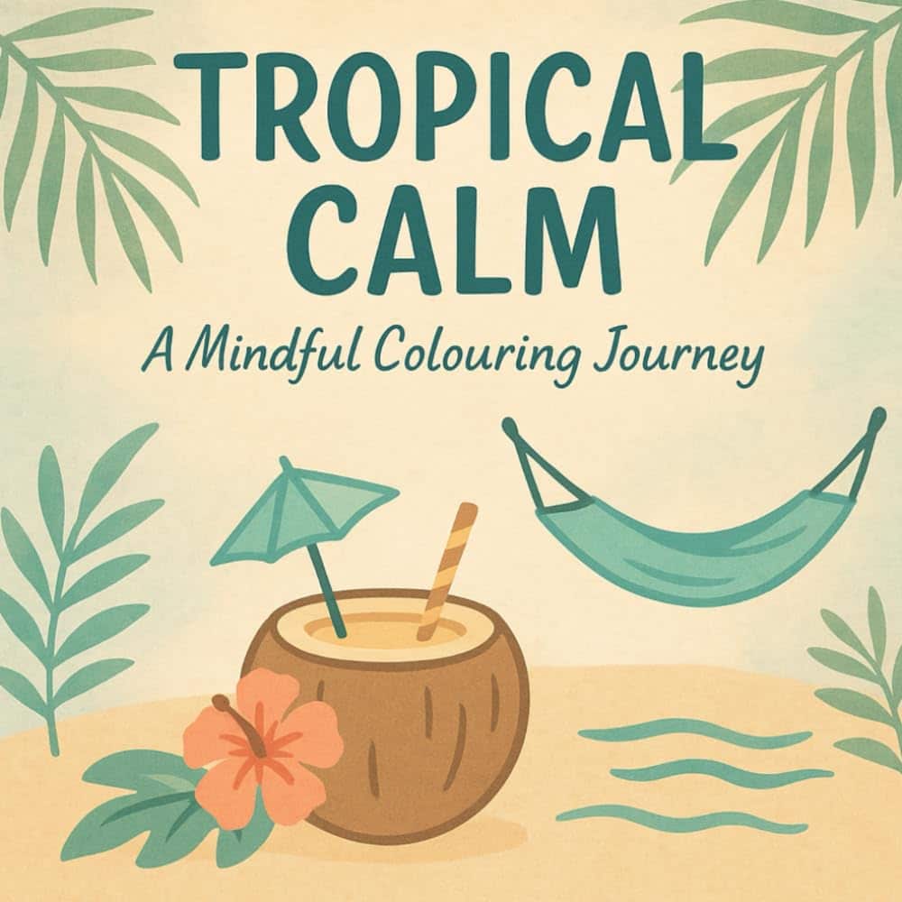 Tropical Calm colouring book cover - feature a coconut drink, a hammock and palm leaves