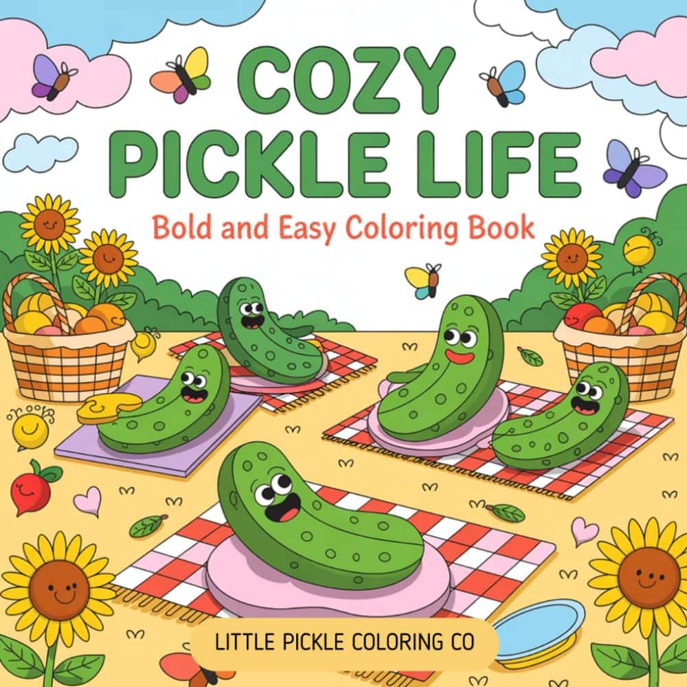 Illustrated cover of "Cozy Pickle Life" colouring book, featuring smiling pickles relaxing on picnic blankets in a sunny, cartoon park with flowers, butterflies, picnic baskets, and a blue sky dotted with clouds.