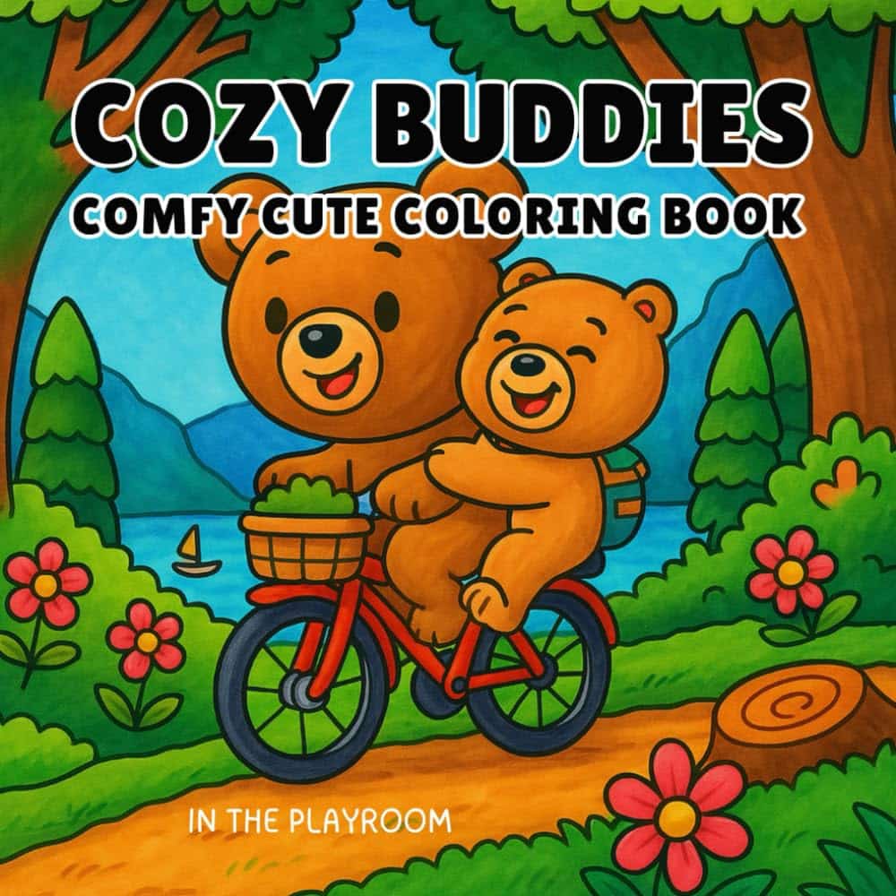 Two smiling cartoon bears ride a red bicycle together on a dirt path surrounded by green trees, flowers, and mountains. The text reads "Cosy Buddies: Comfy Cute Colouring Book" and "In The Playroom.