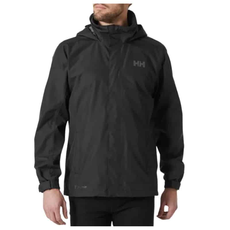 A man wearing a black waterproof hooded jacket with the "HH" Helly Hansen logo on the chest stands against a plain white background—an ideal Father’s Day present for those who value both style and practicality.