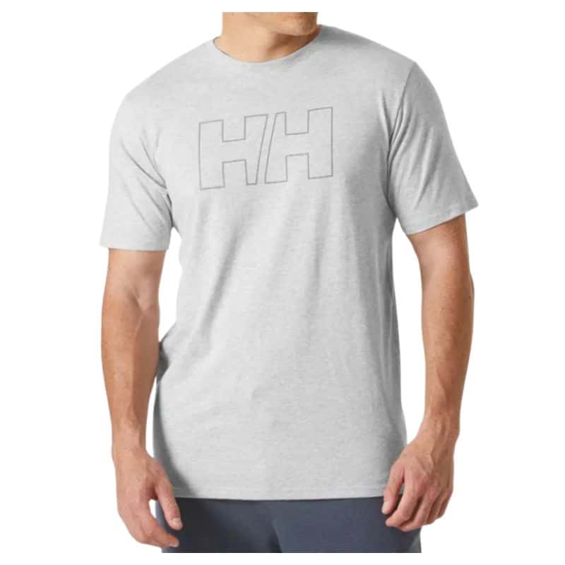 A person wearing a light grey short-sleeve t-shirt with a large outlined "HH" logo on the chest stands against a white background—an ideal, stylish gift for Father’s Day. The person’s face is not visible.