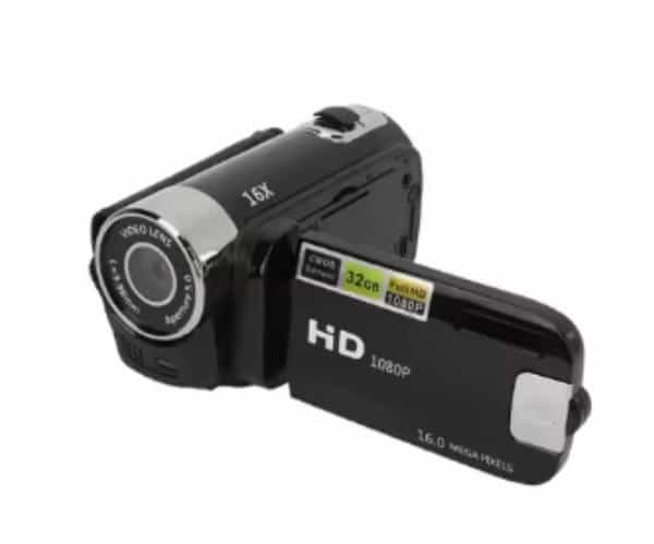 A black digital video camera with an open, rotatable screen displays labels for HD 1080P, 16.0 megapixels, and a 32GB capacity—perfect for capturing memories this Father’s Day. The camera lens and buttons are clearly visible.