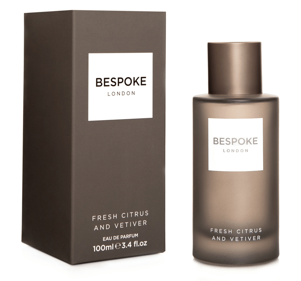 A bottle of Bespoke London Fresh Citrus and Vetiver Eau de Parfum, 100ml, with a matching matte brown box—an ideal Father’s Day present. Both feature the product name on a simple white label.