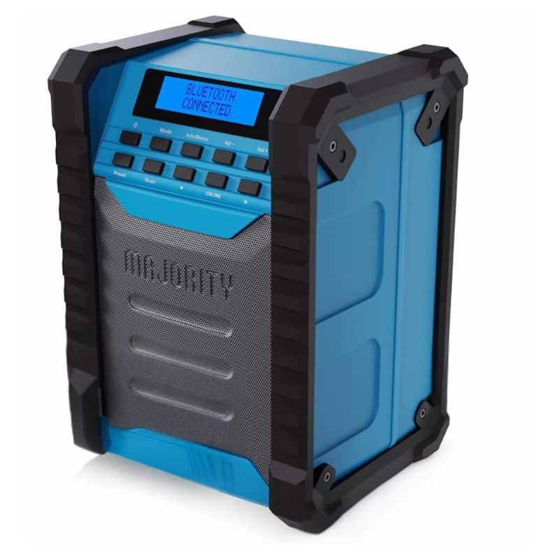 A blue and black portable Bluetooth speaker with a rugged design, perfect for Father’s Day, featuring a digital display screen showing "Bluetooth Connected" and labelled control buttons on the front panel.