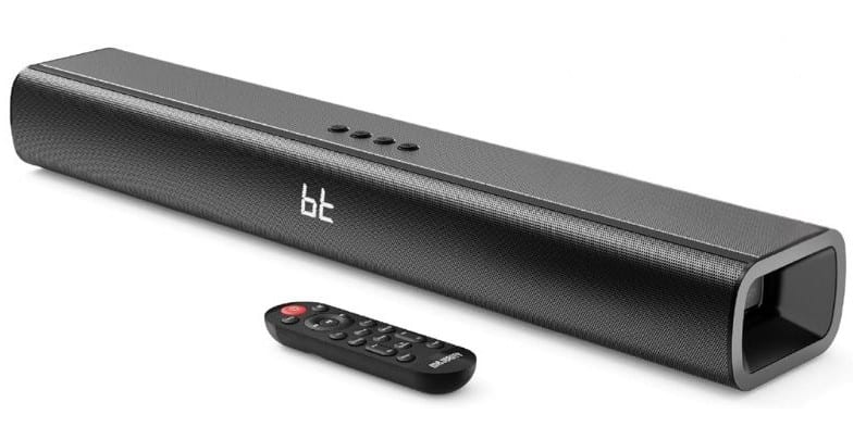 A black soundbar with the letters "bt" on the front, shown alongside a small black remote control with multiple buttons—an ideal Father’s Day present for enhancing your dad’s home entertainment experience.