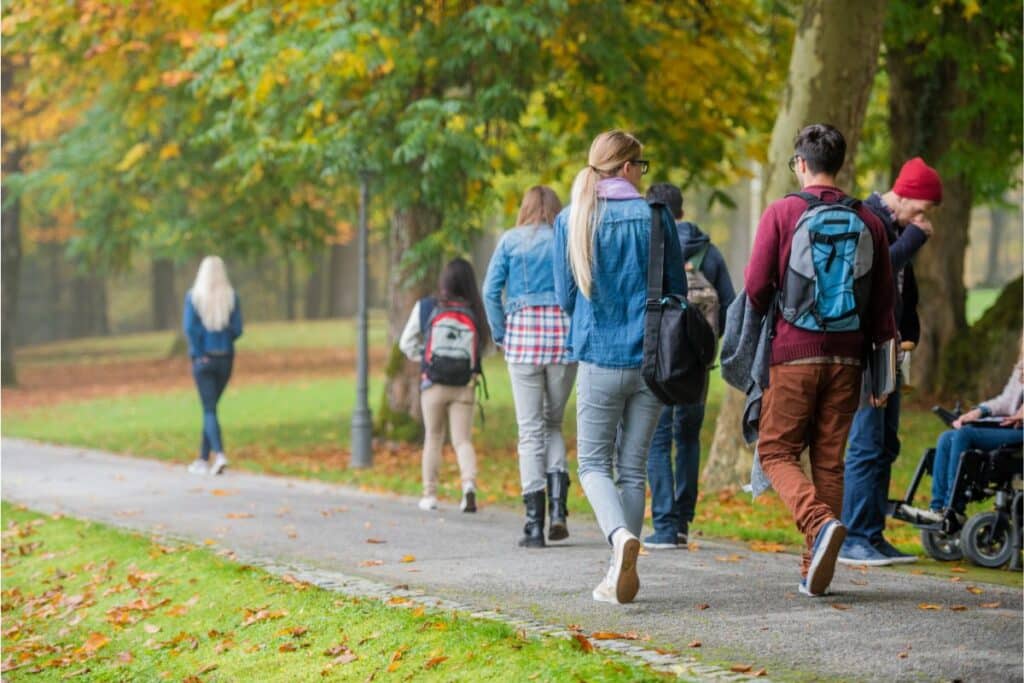 A group of people, including one person in a wheelchair, walk along a tree-lined path in a park during autumn near the uni. Many wear rucksacks and jackets, while fallen leaves cover the grass and pathway.