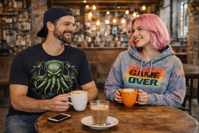 A man and a woman sit at a café table, smiling at each other. Both hold coffee cups; the man wears a graphic T-shirt and backwards cap, while the woman has pink hair and a tie-dye hoodie that says "GAME OVER.