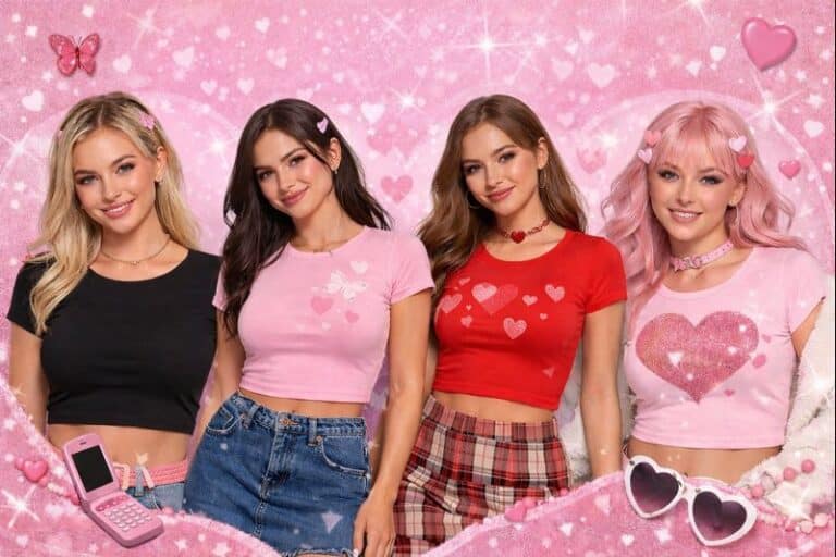 Four young women stand in front of a pink, heart-filled background, wearing cute, colourful crop tops and surrounded by pink accessories, including a flip phone and heart-shaped sunglasses. All are smiling and have styled hair.