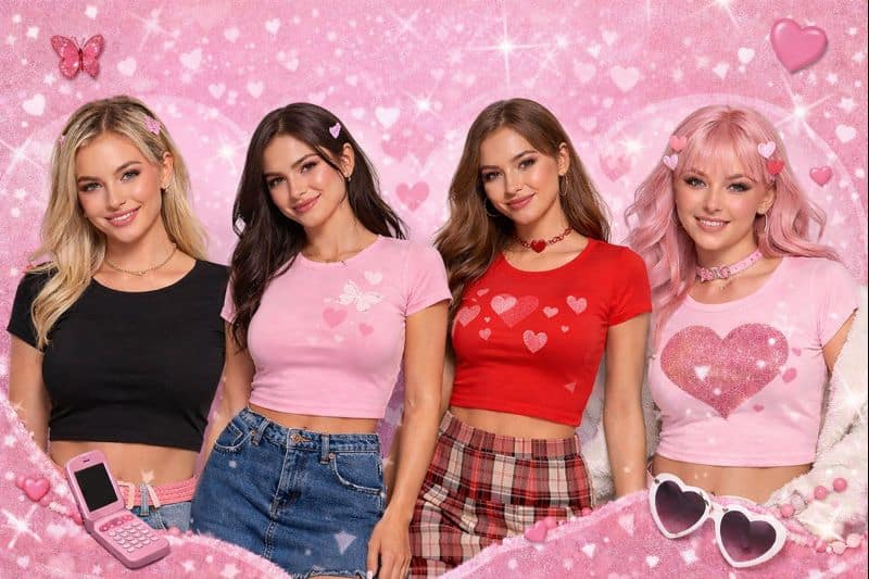 Four young women stand in front of a pink, heart-filled background, wearing cute, colourful crop tops and surrounded by pink accessories, including a flip phone and heart-shaped sunglasses. All are smiling and have styled hair.