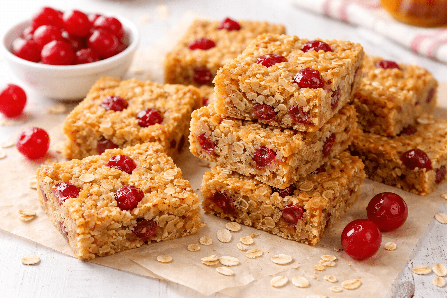 A stack of cherry of flapjack, rests on baking parchment, with loose bars and cherries scattered nearby. A small white bowl filled with cherries sits in the background.