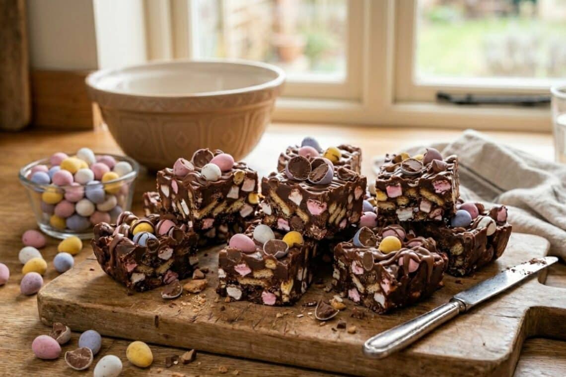 Rocky road bars topped with pastel candy-coated chocolate mini eggs are stacked on a wooden chopping board, with a knife, a bowl of more sweet eggs, and a mixing bowl in the background near a window.
