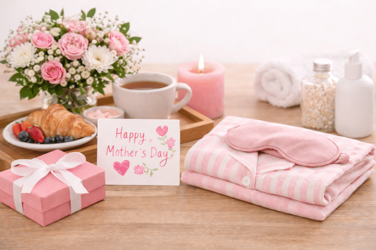 A cosy Mother’s Day setup at home with a card, pink pyjamas and sleep mask, gift box, flowers, tea, candle, croissants and berries on a breakfast tray—everything to make mum feel special on her day.