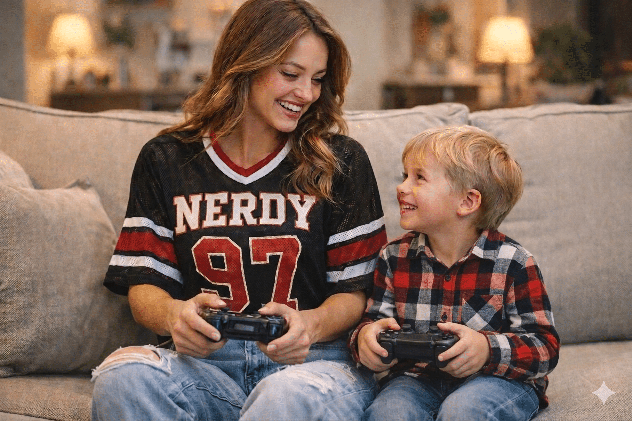 A woman and a young boy sit on a sofa, smiling at each other while holding video game controllers. The woman wears a "NERDY 97" shirt, and the boy wears a red checked shirt. They look happy and engaged.