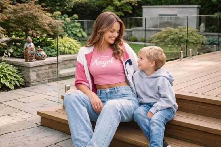 A woman and a young boy sit on wooden steps outdoors, smiling at each other. The woman wears a pink "Angel" shirt and jeans; the boy wears a grey hoodie and jeans. They are surrounded by greenery and garden decor.