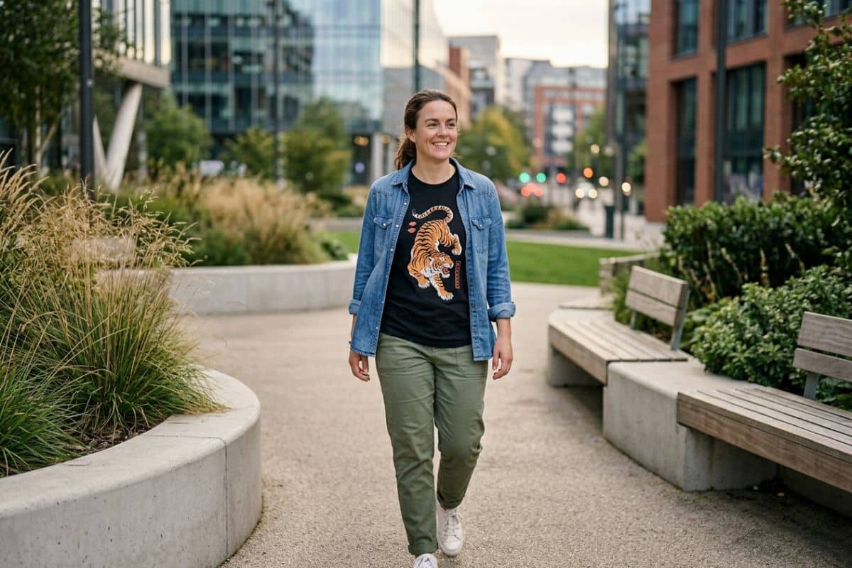 A woman wearing a denim shirt over a tiger t-shirt and olive trousers walks outside through a modern urban park, surrounded by buildings, plants, and benches. She is smiling and looks relaxed.