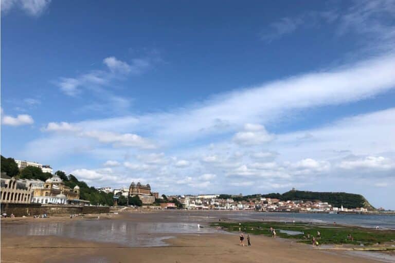 A sandy beach with a few people walking, distant buildings along the shore, green patches of grass or seaweed, and a blue sky with scattered clouds—perfect for Yorkshire Days Out and relaxing family activities in Yorkshire.