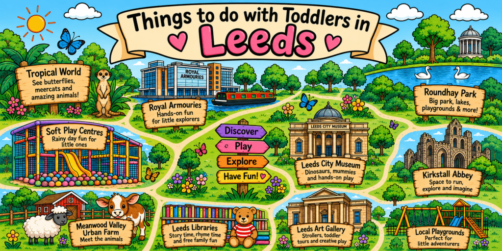 Colourful illustrated guide showing 9 fun toddler activities in Leeds, including parks, museums, city farm, art gallery, playgrounds, soft play centres, and libraries—perfect inspiration for anyone looking for things to do in Leeds with toddlers. Cheerful animal characters and bright scenery make exploring these options extra delightful!.